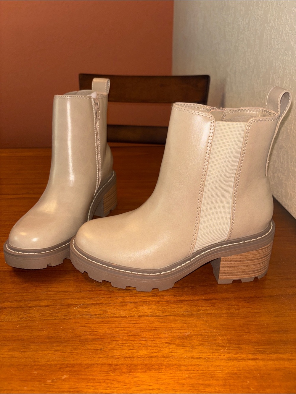 Women's Beige Chelsea Block Heel Booties - Sleek Everyday Style